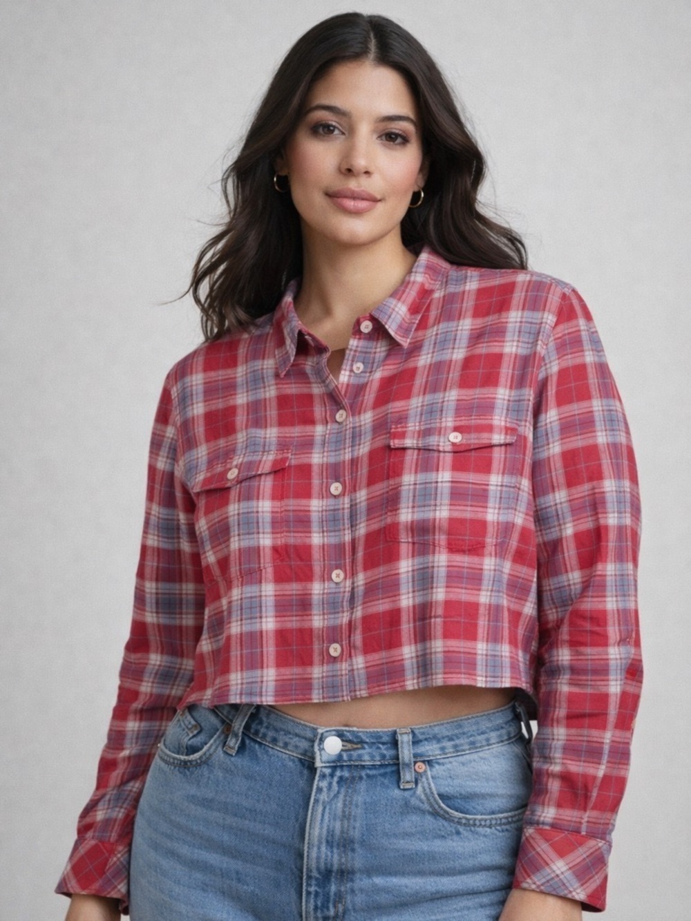 Eddie Bauer Cropped Plaid Button Down Shirt Red Pink lightweight Style Women’s L